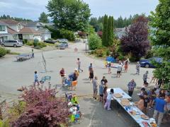 people on street having a block party