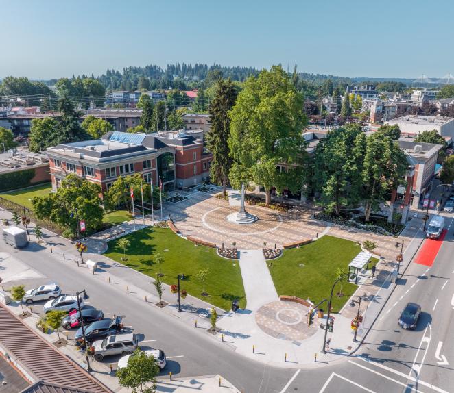 Aerial view of Veterans Park and City Hall
