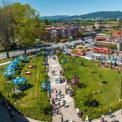 Aerial image of recreation centre during Party in the Square with lots of people exploring activities